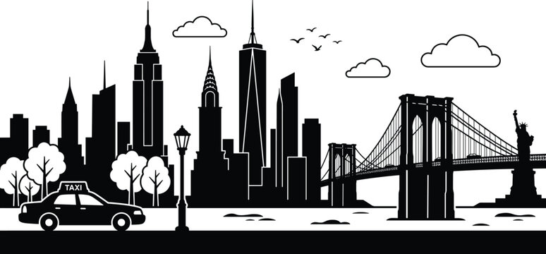New York City silhouette illustration, iconic skyline with Empire State Building, Statue of Liberty, Brooklyn Bridge, taxi, and landmarks - flat vector illustration