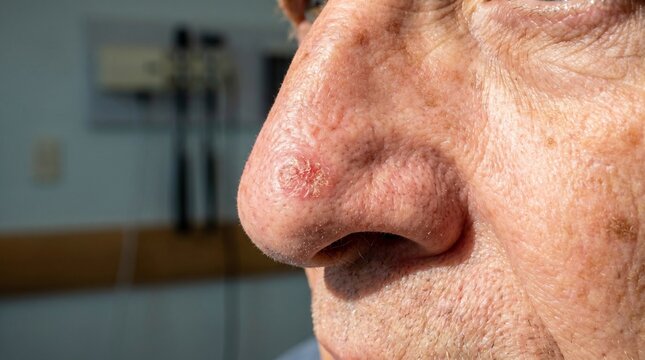 Close-up macro of an elderly man's nose with a scaly reddish lesion indicating early stage squamous cell carcinoma.