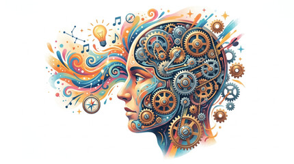 Abstract human head with gears and colorful swirls representing thoughts and ideas. © Delyn
