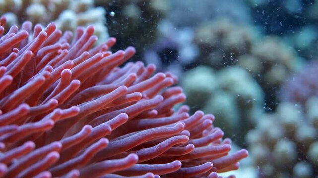 Close up of red sea anemone tentacles underwater