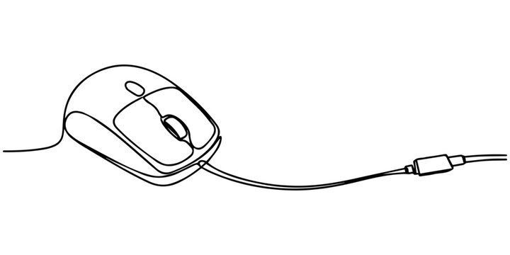 Continuous one line drawing of computer mouse icon. Minimalism drawing of phrase illustration., Computer mouse continuous one line drawing, Single line art illustration white background, Drawn