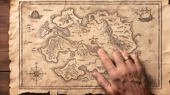 Traveler pointing at a fictional island on a hand-drawn map. Planning a journey on aged parchment for adventure and treasure hunting.