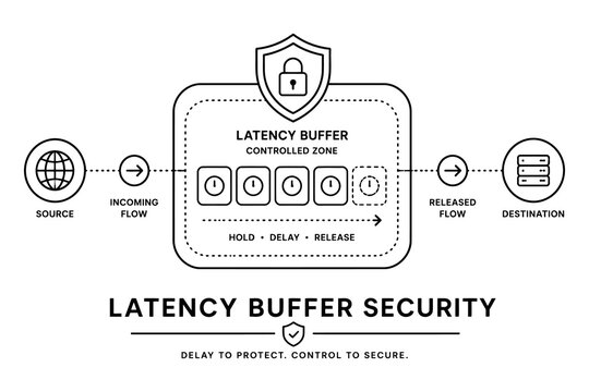 Latency buffer security system diagram with hold delay and release flow