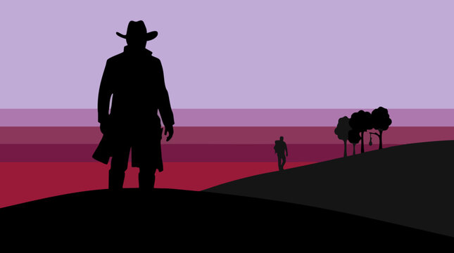 Cowboy silhouette against a dramatic sunset with distant gallows
