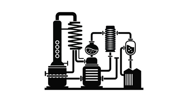 Detailed distillation apparatus illustration in black silhouette high quality professional detailed modern elegant stylish clean crisp vibrant colorful digital creative innovative