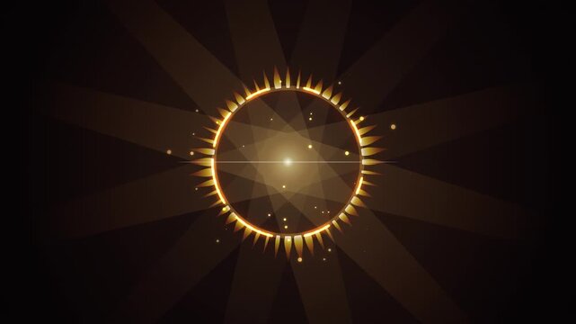 Golden glowing sun ring with rotating rays and particles on black.