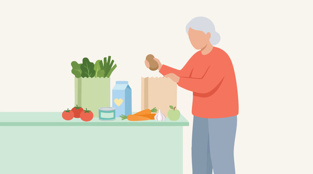 Illustration of an older woman unpacking groceries at home
