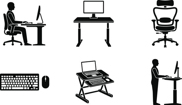 Office workstation silhouette illustration set, six unique black designs showing ergonomic desk setups with sitting and standing positions - flat vector illustration