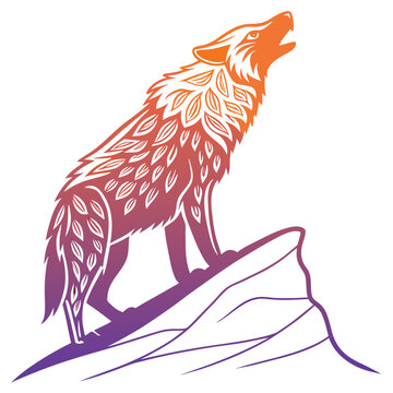 Howling wolf on rock with leaf pattern
