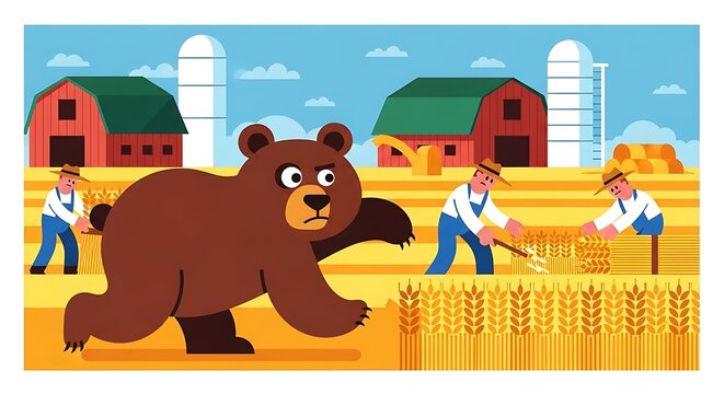 Bear disrupting farmers harvesting wheat in a field