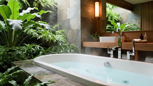Luxury bathtub surrounded by tropical plants in modern spa bathroom