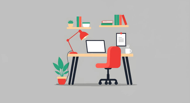 Modern home office setup with laptop, desk lamp, chair, plant, and shelves with books, flat design