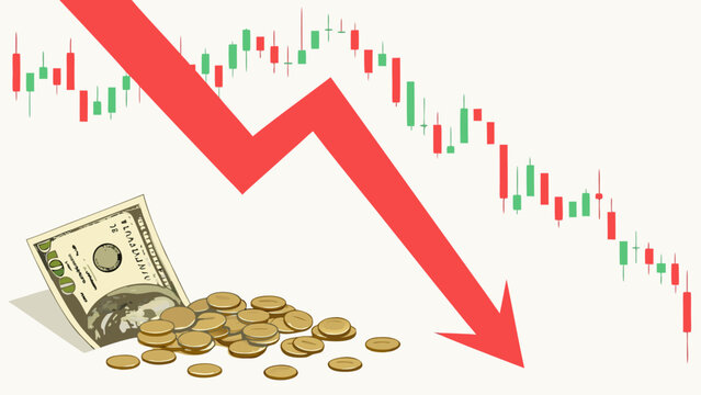 A declining stock market graph with a red arrow points to a pile of money and coins.
