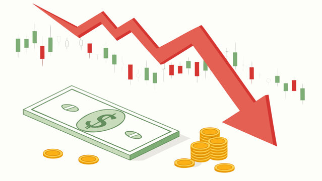 A financial graph shows a declining trend with a dollar bill and coins.