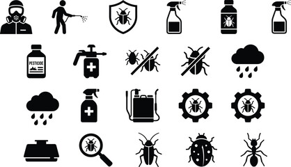 Pest control icon illustration set, black designs showing protective gear, pesticide bottles, insect prevention symbols, and spraying equipment - flat vector illustration © TOMSINA