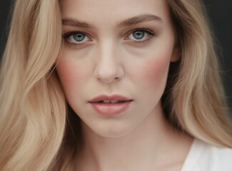 Naklejka premium Close up portrait of a young blonde woman with blue eyes. She has clear skin and light makeup with blush. Her hair is wavy and blonde. She wears a white shirt.