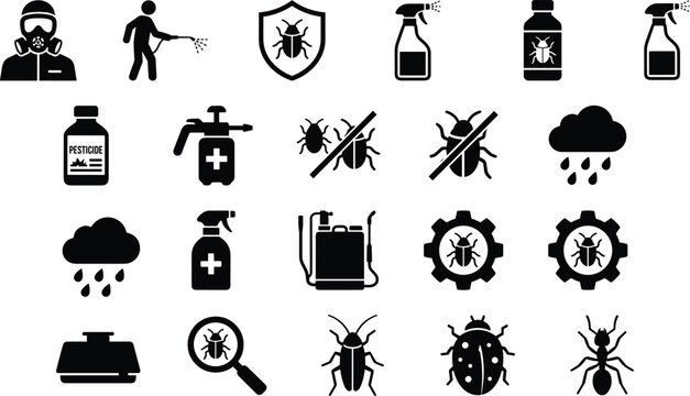 Pest control icon illustration set, black designs showing protective gear, pesticide bottles, insect prevention symbols, and spraying equipment - flat vector illustration