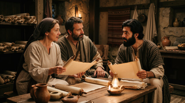 Priscilla and Aquila teaching Apollos. Biblical scene of historical figures studying ancient scrolls in a dimly lit room