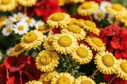 Yellow yarrow flowers bloom brightly against red and white blossoms. Perennial plants create a colorful garden scene in summer sunlight. Nature closeup.