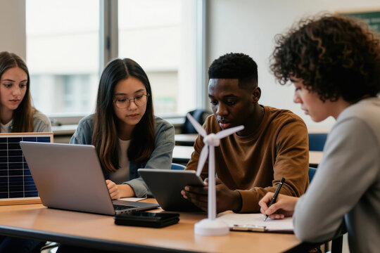 Multicultural students collaborate on renewable energy project. Young people use laptop tablet, study solar panel wind turbine models. Discussing science lesson, learning engineering at school.