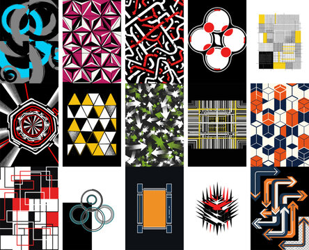 Collection of geometric and abstract seamless patterns in black and vibrant colors