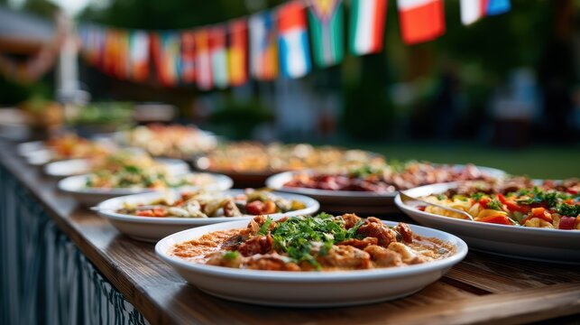 Outdoor buffet with various international dishes on white plates and world flags in the background