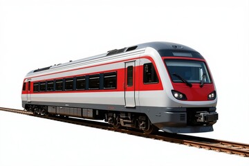 Obraz premium Modern commuter train with red, white stripes sits on tracks. This passenger vehicle offers fast urban transit, intercity travel, ideal for public transport. Its sleek design suggests speedy journey.