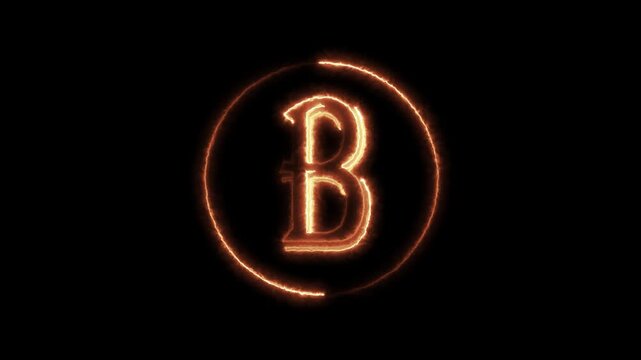 Bright glowing letter b in fire circle isolated on black background animated