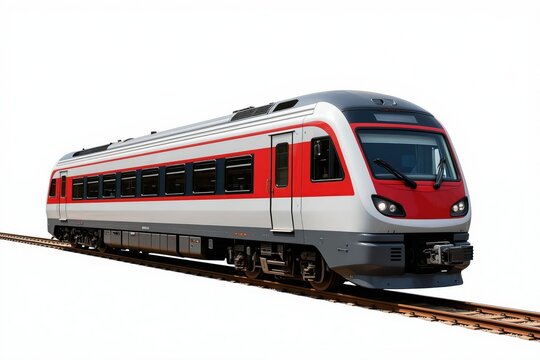 Modern commuter train with red, white stripes sits on tracks. This passenger vehicle offers fast urban transit, intercity travel, ideal for public transport. Its sleek design suggests speedy journey.