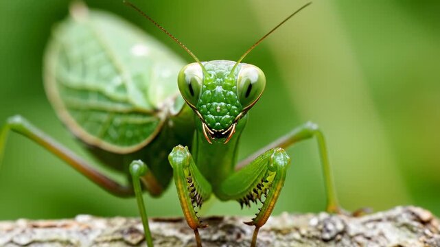 This video features a close-up shot of a green praying mantis standing on a branch in a natural outdoor setting. The mantis is captured in sharp detail, with a blurred green background that highlights