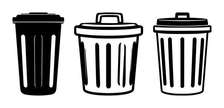 Trash can icon set with solid black shape on white background featuring delete, recycle, waste symbols with convenience and savings