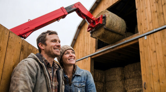Smiling farmer couple watching hay bale loading into barn with red crane arm