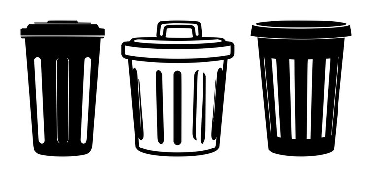 Trash can icon set with solid black shape on white background featuring delete, recycle, waste symbols with convenience and savings