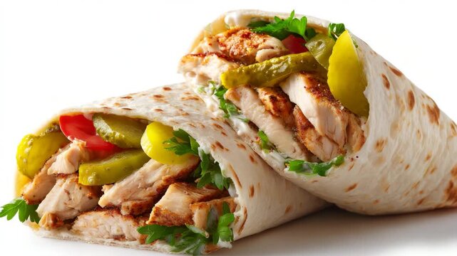 Delicious chicken shawarma wraps with pickles and vegetables isolated on white background