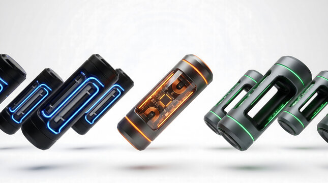 Futuristic glowing cylindrical battery devices floating on light background