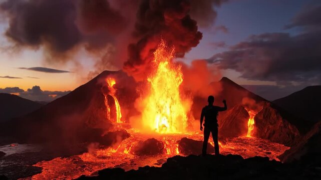 Man watching dramatic volcanic eruption with lava flows at dusk