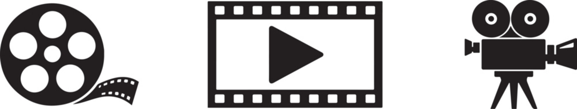Minimal cinema icons set in clean black and white vector style, perfect for film, movie, and media design.