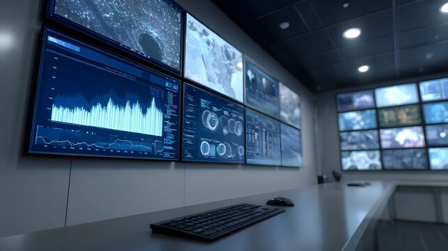 A high tech command center displaying complex data visualizations graphs and real time analytics across multiple screens