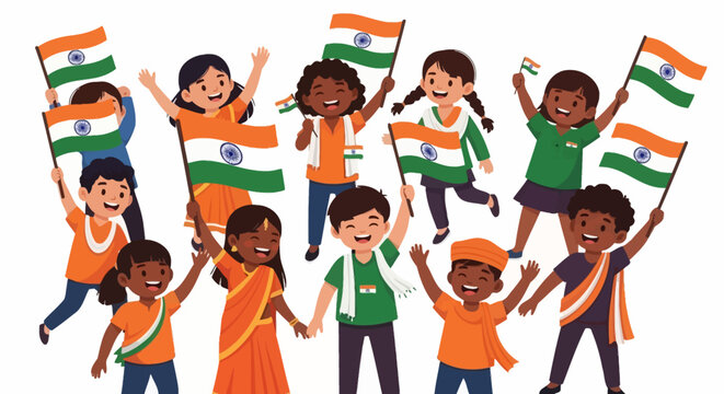 Diverse Children Celebrate India Independence Day with Flags