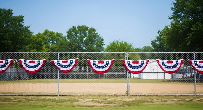 American flags on chain link fence for patriotic holiday celebration
