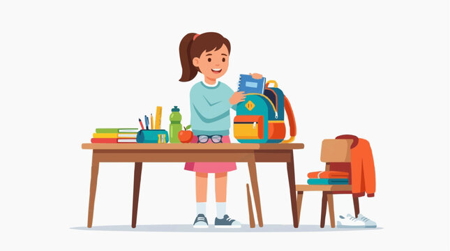 A cheerful girl preparing her school backpack with supplies on desk. She is getting ready for a new school year