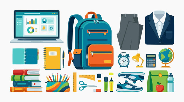 A collection of school supplies. The image displays a laptop, backpack, school uniform, books, pens, pencil, ruler, scissors, highlighters, sneakers, lunch bag, water bottle, desk clock.