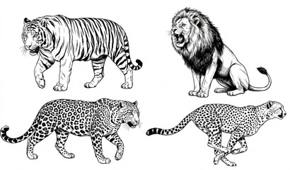 Wild predator ink sketch collection lion tiger leopard cheetah vector drawings © MdMintu