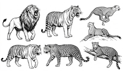 Hand drawn predator sketch vector set tiger lion cheetah leopard ink illustration © MdMintu