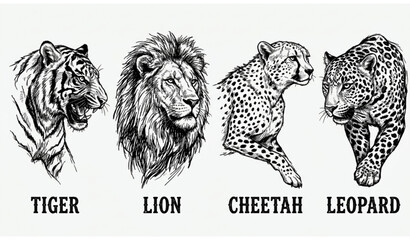 Vintage predator animal sketches tiger lion cheetah leopard vector illustration set © MdMintu