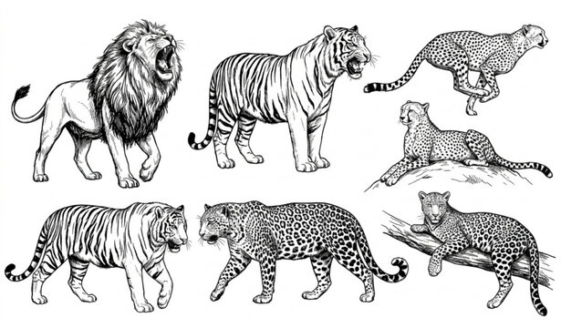 Hand drawn predator sketch vector set tiger lion cheetah leopard ink illustration