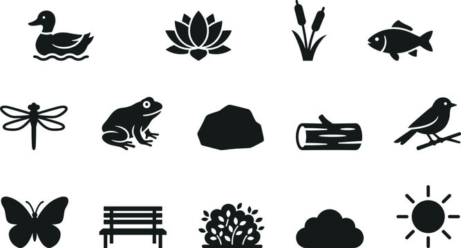 Pond and park environment icons, nature wildlife vector, duck lotus cattail frog butterfly sun design - flat vector illustration