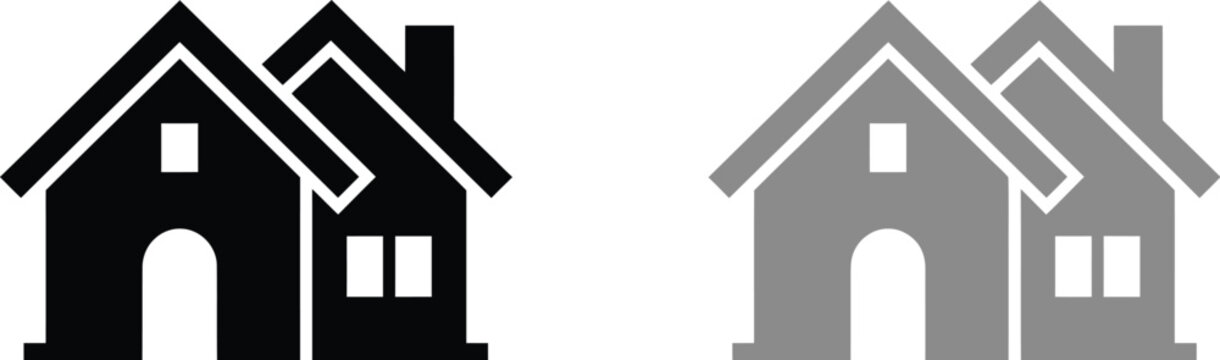 Duplex house icons illustrate side-by-side residential structures in high contrast.