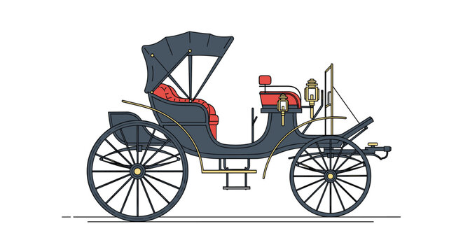 Detailed vector illustration of a classic horse-drawn carriage with a black body, red seats, and gold accents on a white background.