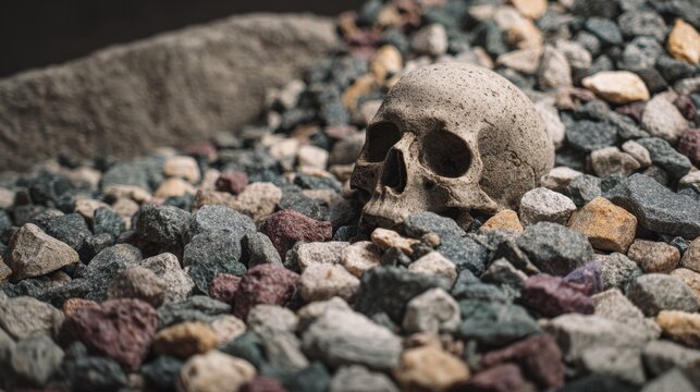 Human skull resting among colorful gravel and rocks